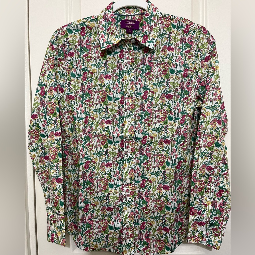 J. Crew Liberty White/Green/Pink Floral Button Up Shirt Sz 2